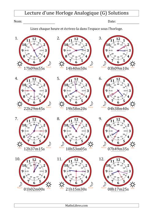 Lecture de l'Heure sur Une Horloge Analogique utilisant le système horaire sur 24 heures avec 5 Secondes d'Intervalle (12 Horloges) (G) page 2