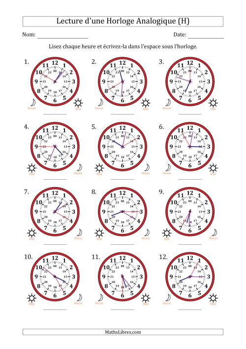 Lecture de l'Heure sur Une Horloge Analogique utilisant le système horaire sur 24 heures avec 5 Secondes d'Intervalle (12 Horloges) (H)