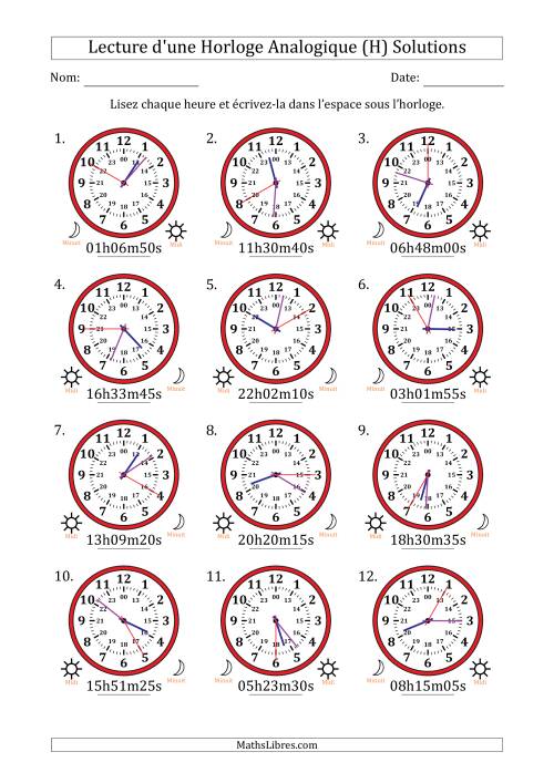 Lecture de l'Heure sur Une Horloge Analogique utilisant le système horaire sur 24 heures avec 5 Secondes d'Intervalle (12 Horloges) (H) page 2