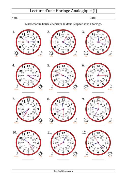 Lecture de l'Heure sur Une Horloge Analogique utilisant le système horaire sur 24 heures avec 5 Secondes d'Intervalle (12 Horloges) (I)