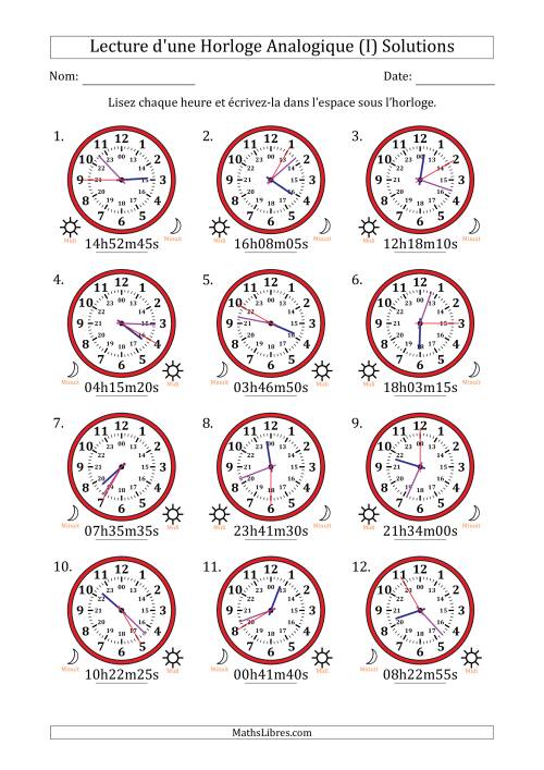 Lecture de l'Heure sur Une Horloge Analogique utilisant le système horaire sur 24 heures avec 5 Secondes d'Intervalle (12 Horloges) (I) page 2