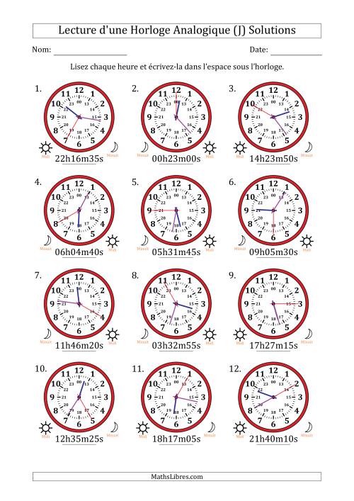 Lecture de l'Heure sur Une Horloge Analogique utilisant le système horaire sur 24 heures avec 5 Secondes d'Intervalle (12 Horloges) (J) page 2