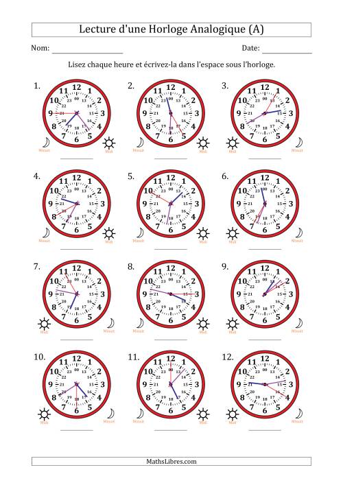 Lecture de l'Heure sur Une Horloge Analogique utilisant le système horaire sur 24 heures avec 5 Secondes d'Intervalle (12 Horloges) (Tout)