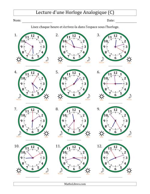 Lecture de l'Heure sur Une Horloge Analogique utilisant le système horaire sur 12 heures avec 5 Secondes d'Intervalle (12 Horloges) (C)