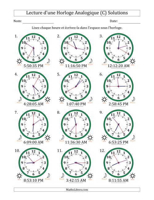 Lecture de l'Heure sur Une Horloge Analogique utilisant le système horaire sur 12 heures avec 5 Secondes d'Intervalle (12 Horloges) (C) page 2