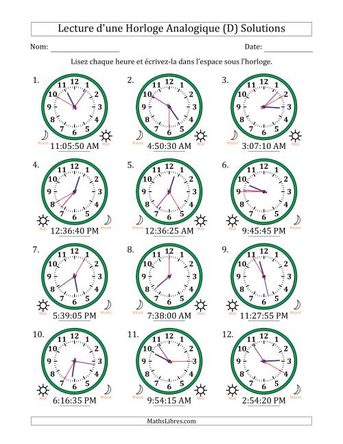 Lecture de l'Heure sur Une Horloge Analogique utilisant le système horaire sur 12 heures avec 5 Secondes d'Intervalle (12 Horloges) (D) page 2