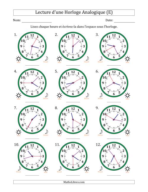 Lecture de l'Heure sur Une Horloge Analogique utilisant le système horaire sur 12 heures avec 5 Secondes d'Intervalle (12 Horloges) (E)