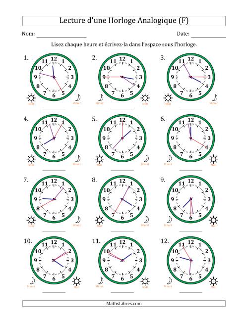 Lecture de l'Heure sur Une Horloge Analogique utilisant le système horaire sur 12 heures avec 5 Secondes d'Intervalle (12 Horloges) (F)