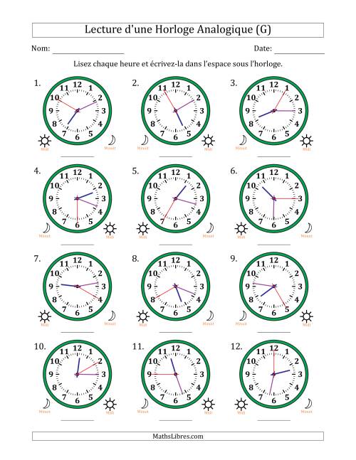 Lecture de l'Heure sur Une Horloge Analogique utilisant le système horaire sur 12 heures avec 5 Secondes d'Intervalle (12 Horloges) (G)