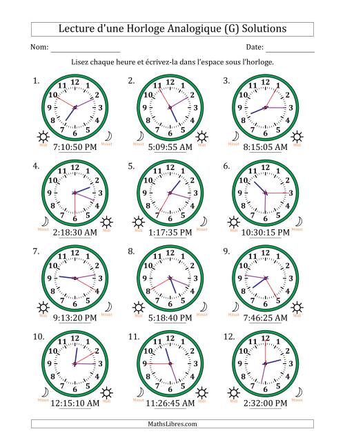 Lecture de l'Heure sur Une Horloge Analogique utilisant le système horaire sur 12 heures avec 5 Secondes d'Intervalle (12 Horloges) (G) page 2