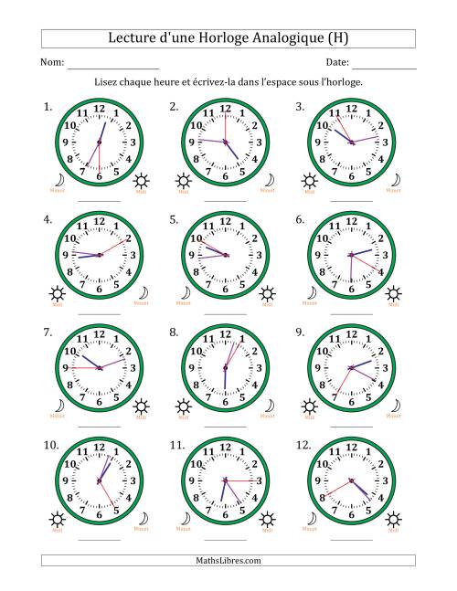 Lecture de l'Heure sur Une Horloge Analogique utilisant le système horaire sur 12 heures avec 5 Secondes d'Intervalle (12 Horloges) (H)