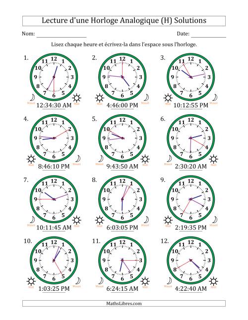 Lecture de l'Heure sur Une Horloge Analogique utilisant le système horaire sur 12 heures avec 5 Secondes d'Intervalle (12 Horloges) (H) page 2