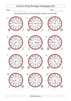Lecture de l'Heure sur Une Horloge Analogique utilisant le système horaire sur 24 heures avec 15 Secondes d'Intervalle (12 Horloges)