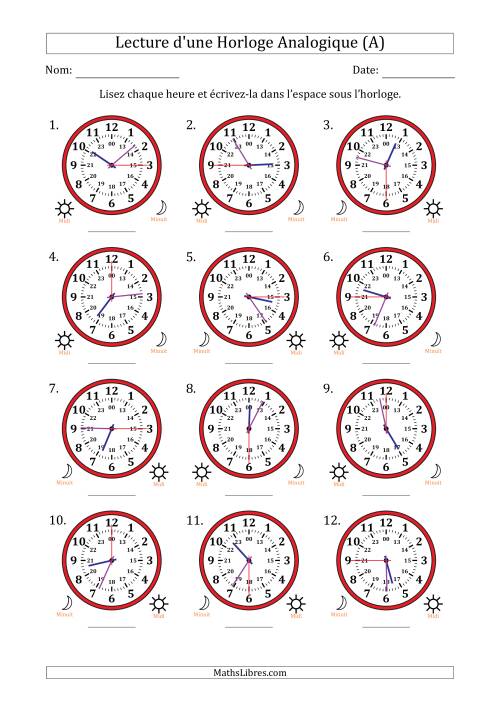 Lecture de l'Heure sur Une Horloge Analogique utilisant le système horaire sur 24 heures avec 15 Secondes d'Intervalle (12 Horloges) (A)