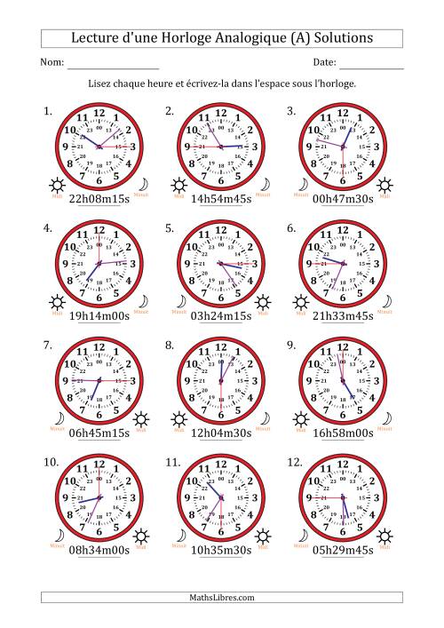 Lecture de l'Heure sur Une Horloge Analogique utilisant le système horaire sur 24 heures avec 15 Secondes d'Intervalle (12 Horloges) (A) page 2