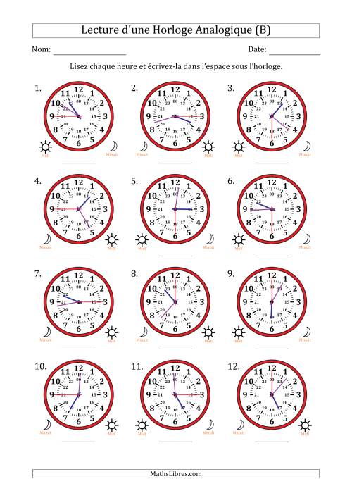 Lecture de l'Heure sur Une Horloge Analogique utilisant le système horaire sur 24 heures avec 15 Secondes d'Intervalle (12 Horloges) (B)