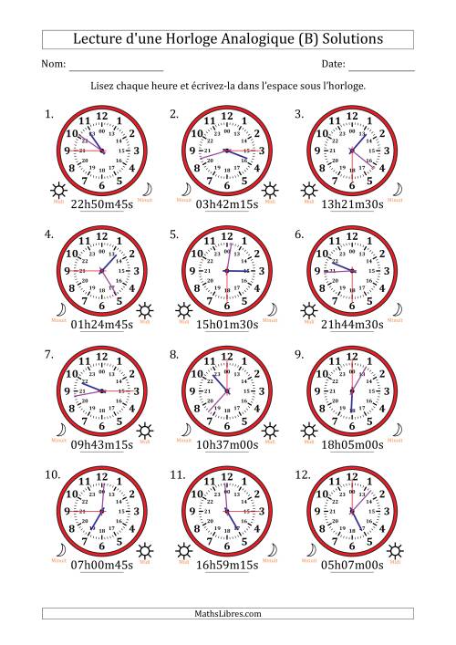 Lecture de l'Heure sur Une Horloge Analogique utilisant le système horaire sur 24 heures avec 15 Secondes d'Intervalle (12 Horloges) (B) page 2
