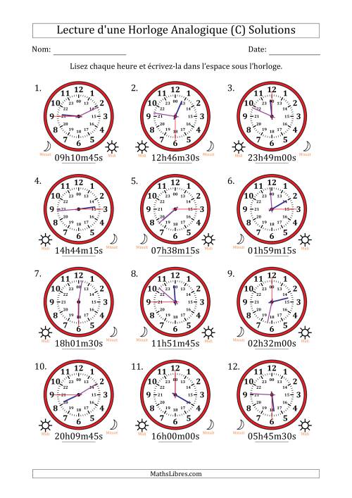 Lecture de l'Heure sur Une Horloge Analogique utilisant le système horaire sur 24 heures avec 15 Secondes d'Intervalle (12 Horloges) (C) page 2