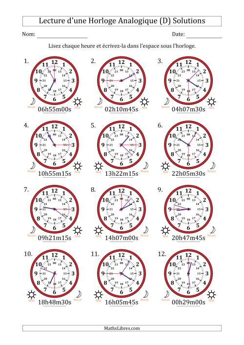 Lecture de l'Heure sur Une Horloge Analogique utilisant le système horaire sur 24 heures avec 15 Secondes d'Intervalle (12 Horloges) (D) page 2