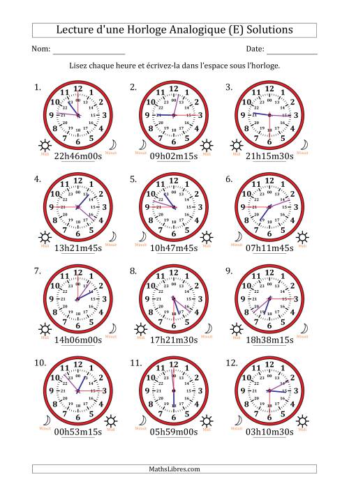 Lecture de l'Heure sur Une Horloge Analogique utilisant le système horaire sur 24 heures avec 15 Secondes d'Intervalle (12 Horloges) (E) page 2