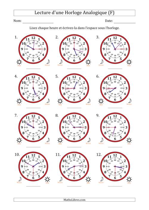 Lecture de l'Heure sur Une Horloge Analogique utilisant le système horaire sur 24 heures avec 15 Secondes d'Intervalle (12 Horloges) (F)