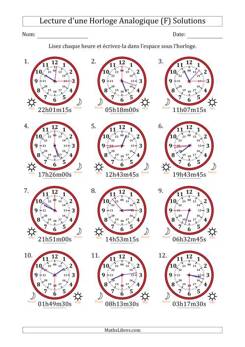 Lecture de l'Heure sur Une Horloge Analogique utilisant le système horaire sur 24 heures avec 15 Secondes d'Intervalle (12 Horloges) (F) page 2