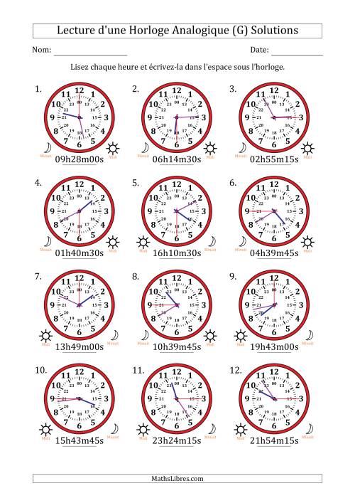 Lecture de l'Heure sur Une Horloge Analogique utilisant le système horaire sur 24 heures avec 15 Secondes d'Intervalle (12 Horloges) (G) page 2