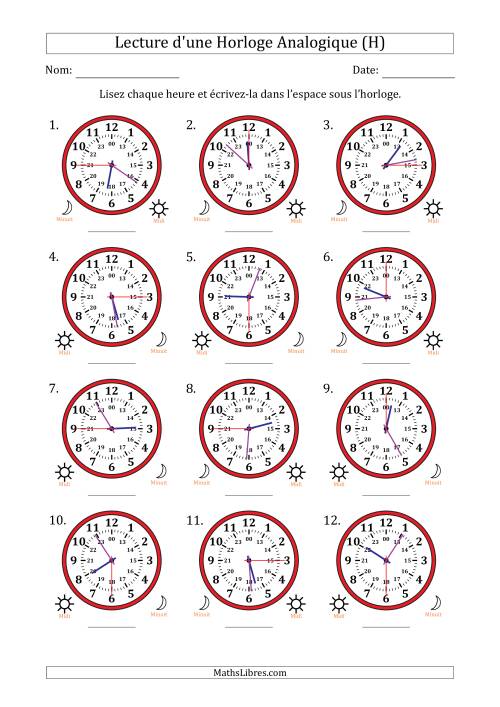 Lecture de l'Heure sur Une Horloge Analogique utilisant le système horaire sur 24 heures avec 15 Secondes d'Intervalle (12 Horloges) (H)