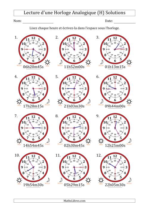 Lecture de l'Heure sur Une Horloge Analogique utilisant le système horaire sur 24 heures avec 15 Secondes d'Intervalle (12 Horloges) (H) page 2