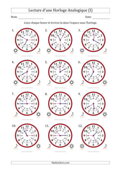 Lecture de l'Heure sur Une Horloge Analogique utilisant le système horaire sur 24 heures avec 15 Secondes d'Intervalle (12 Horloges) (I)
