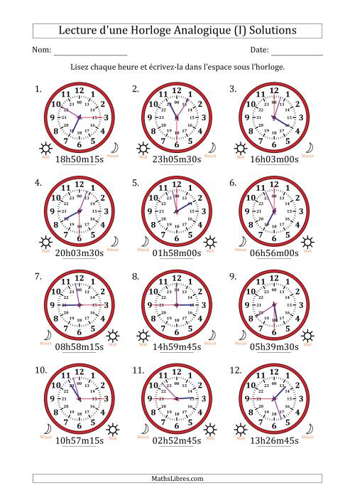 Lecture de l'Heure sur Une Horloge Analogique utilisant le système horaire sur 24 heures avec 15 Secondes d'Intervalle (12 Horloges) (I) page 2