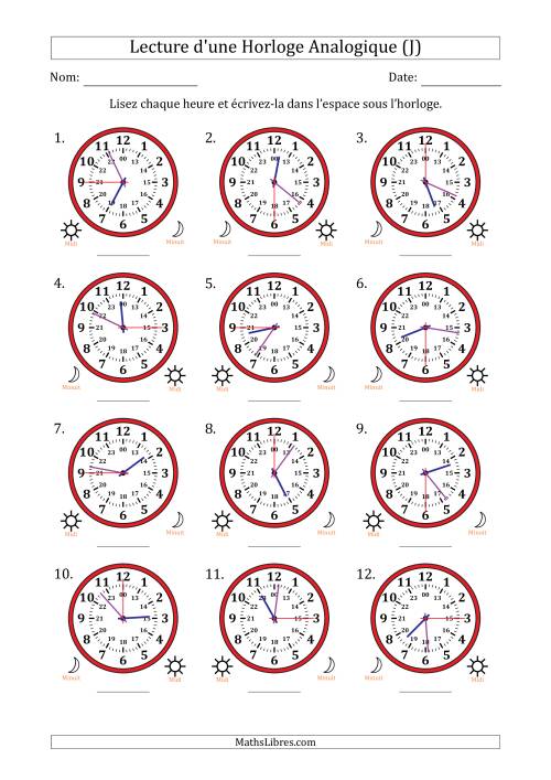 Lecture de l'Heure sur Une Horloge Analogique utilisant le système horaire sur 24 heures avec 15 Secondes d'Intervalle (12 Horloges) (J)
