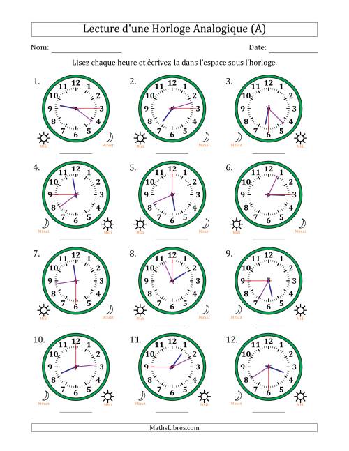 Lecture de l'Heure sur Une Horloge Analogique utilisant le système horaire sur 12 heures avec 15 Secondes d'Intervalle (12 Horloges) (A)