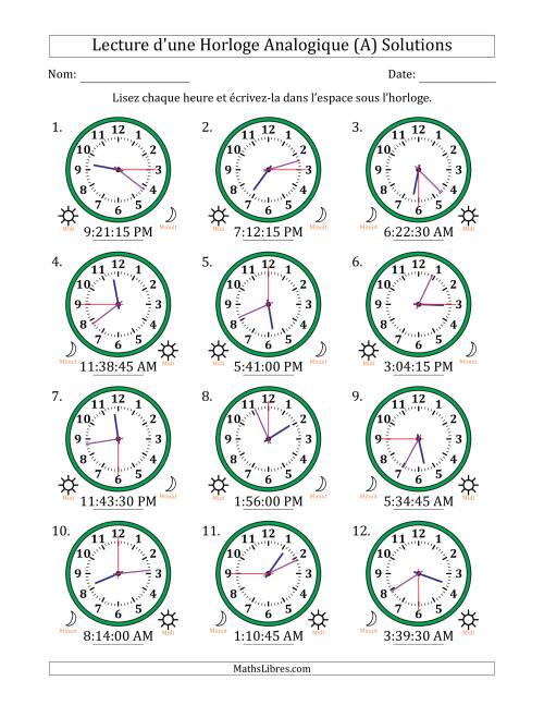 Lecture de l'Heure sur Une Horloge Analogique utilisant le système horaire sur 12 heures avec 15 Secondes d'Intervalle (12 Horloges) (A) page 2
