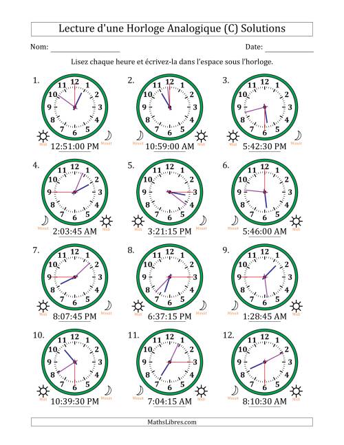 Lecture de l'Heure sur Une Horloge Analogique utilisant le système horaire sur 12 heures avec 15 Secondes d'Intervalle (12 Horloges) (C) page 2