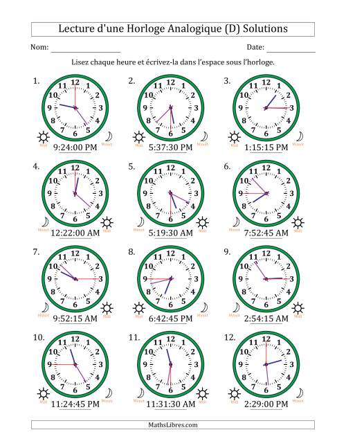 Lecture de l'Heure sur Une Horloge Analogique utilisant le système horaire sur 12 heures avec 15 Secondes d'Intervalle (12 Horloges) (D) page 2