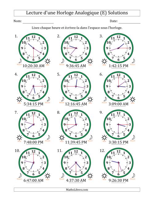 Lecture de l'Heure sur Une Horloge Analogique utilisant le système horaire sur 12 heures avec 15 Secondes d'Intervalle (12 Horloges) (E) page 2