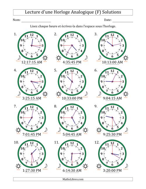 Lecture de l'Heure sur Une Horloge Analogique utilisant le système horaire sur 12 heures avec 15 Secondes d'Intervalle (12 Horloges) (F) page 2