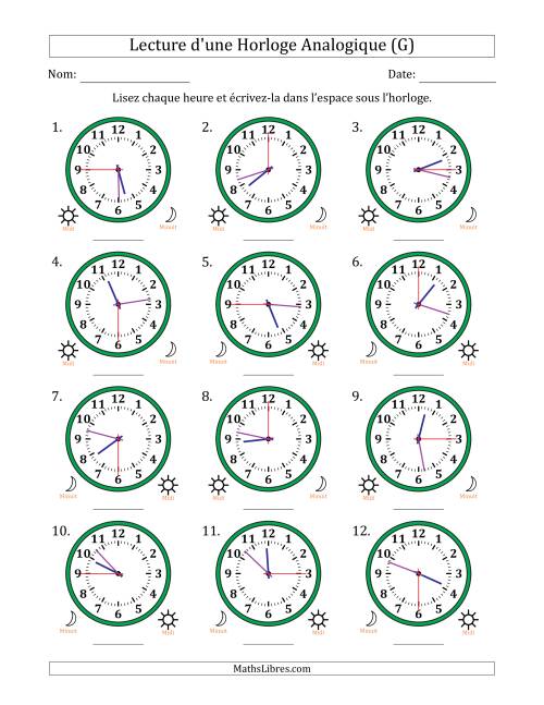 Lecture de l'Heure sur Une Horloge Analogique utilisant le système horaire sur 12 heures avec 15 Secondes d'Intervalle (12 Horloges) (G)