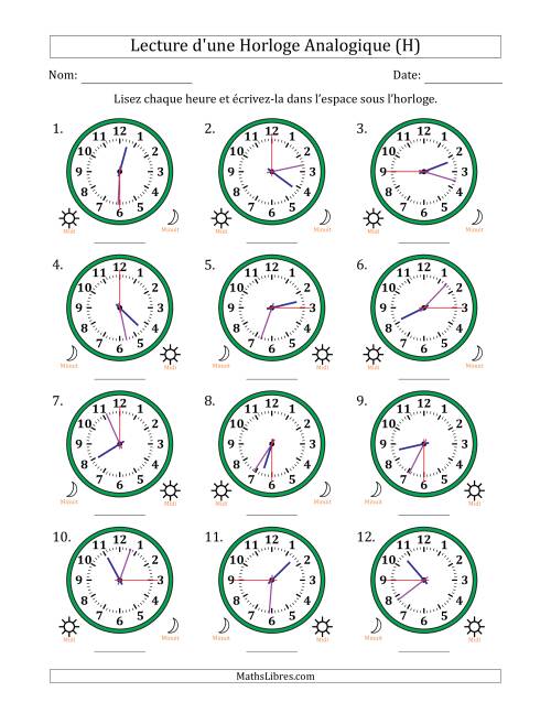 Lecture de l'Heure sur Une Horloge Analogique utilisant le système horaire sur 12 heures avec 15 Secondes d'Intervalle (12 Horloges) (H)