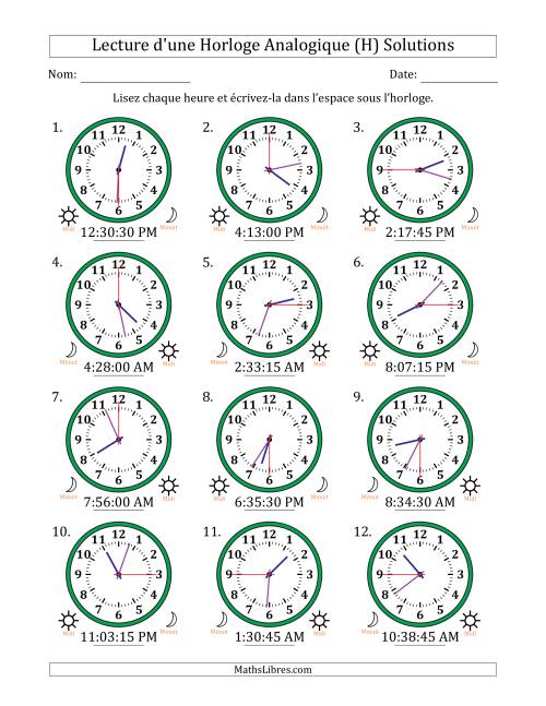 Lecture de l'Heure sur Une Horloge Analogique utilisant le système horaire sur 12 heures avec 15 Secondes d'Intervalle (12 Horloges) (H) page 2