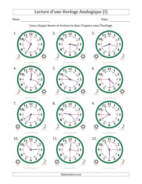 Lecture de l'Heure sur Une Horloge Analogique utilisant le système horaire sur 12 heures avec 15 Secondes d'Intervalle (12 Horloges) (I)