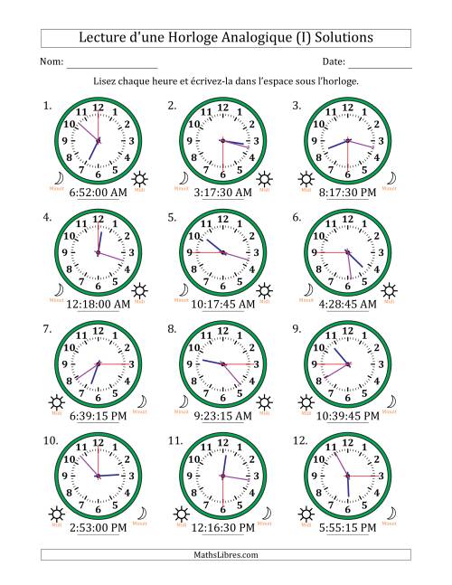 Lecture de l'Heure sur Une Horloge Analogique utilisant le système horaire sur 12 heures avec 15 Secondes d'Intervalle (12 Horloges) (I) page 2