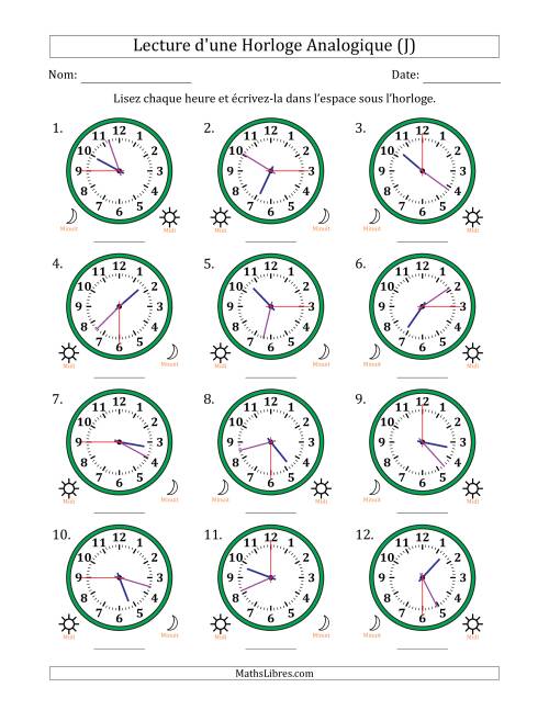 Lecture de l'Heure sur Une Horloge Analogique utilisant le système horaire sur 12 heures avec 15 Secondes d'Intervalle (12 Horloges) (J)