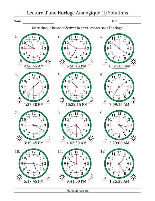 Lecture de l'Heure sur Une Horloge Analogique utilisant le système horaire sur 12 heures avec 15 Secondes d'Intervalle (12 Horloges) (J) page 2