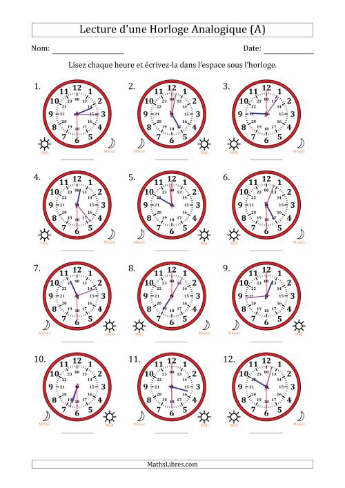 Lecture de l'Heure sur Une Horloge Analogique utilisant le système horaire sur 24 heures avec 30 Secondes d'Intervalle (12 Horloges) (A)