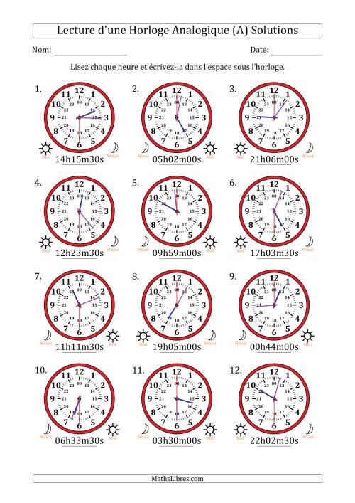 Lecture de l'Heure sur Une Horloge Analogique utilisant le système horaire sur 24 heures avec 30 Secondes d'Intervalle (12 Horloges) (A) page 2
