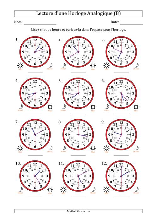 Lecture de l'Heure sur Une Horloge Analogique utilisant le système horaire sur 24 heures avec 30 Secondes d'Intervalle (12 Horloges) (B)