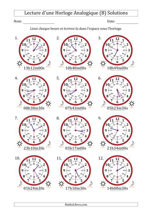 Lecture de l'Heure sur Une Horloge Analogique utilisant le système horaire sur 24 heures avec 30 Secondes d'Intervalle (12 Horloges) (B) page 2