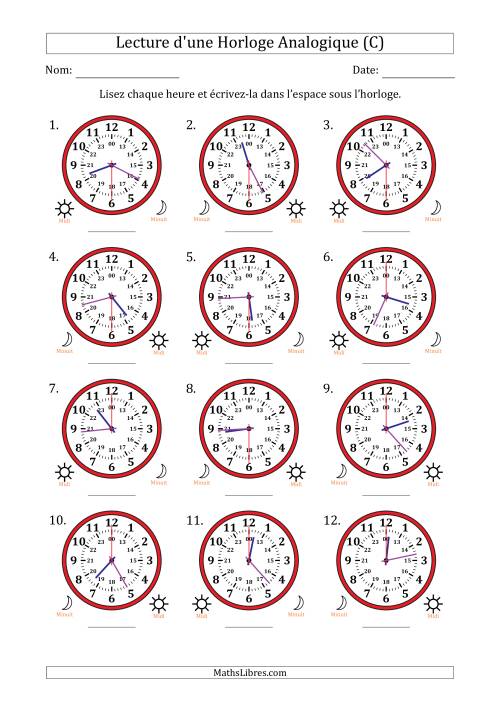Lecture de l'Heure sur Une Horloge Analogique utilisant le système horaire sur 24 heures avec 30 Secondes d'Intervalle (12 Horloges) (C)